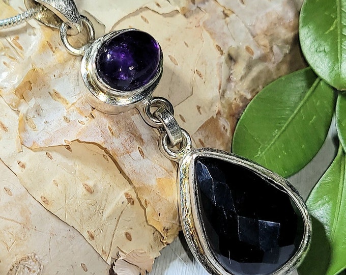 Natural Checkerboard Cut Black Onyx, Amethyst .925 Sterling Silver Pendant measures 1 3/4" x 5/8" 7 Grams J21