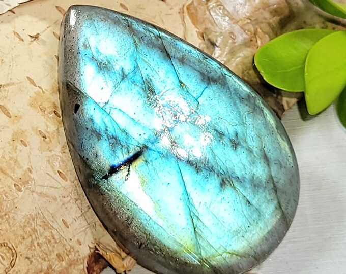 Natural Premium Bluish Green Flash Labradorite Pear Cabochon 50ct 10 Grams 37mm x 24mm Wire Wrapping, Weaving or Pendant, Collector AS39