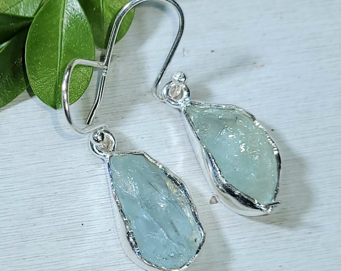 Natural Raw Rough Cut Aquamarine Handmade .925 Sterling Silver Dangle Earrings 5 Grams 1 3/8" x 7/16" CH10