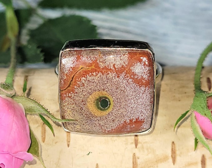 Ocean Jasper Ring; Square Ocean Jasper Sterling Silver Ring, Size 9.25, JT