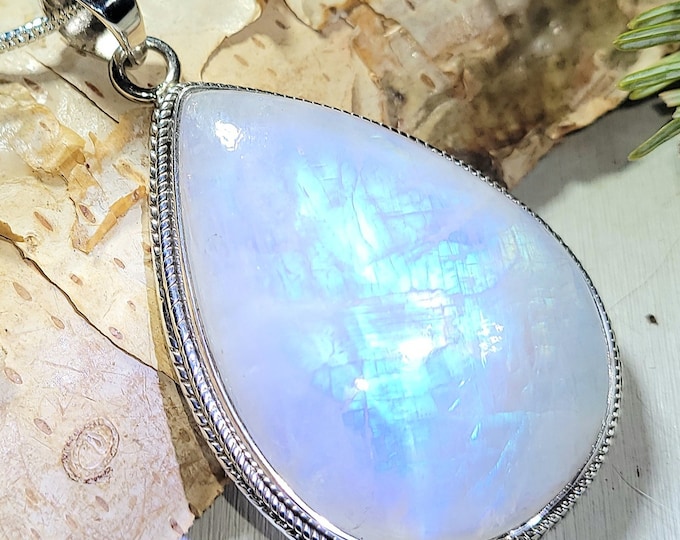 Natural AAAA Grade Multi Full Flash Rainbow Moonstone .925 Sterling Silver Pendant Measures 2 1/4" x 1 1/4" Weighs 24 Grams AK31