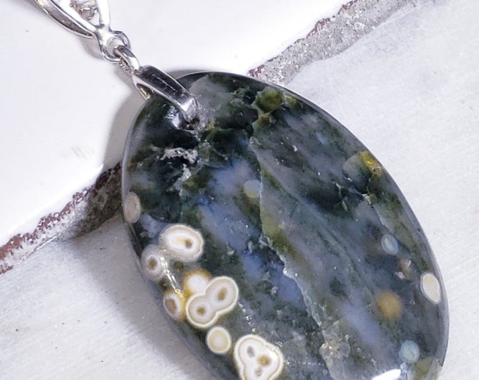 Natural Ocean Jasper Oval Cabochon .925 Sterling Silver Pendant 2 1/2" x 1 1/8" EA34 Heavy Duty Designer Sterling Silver Bail