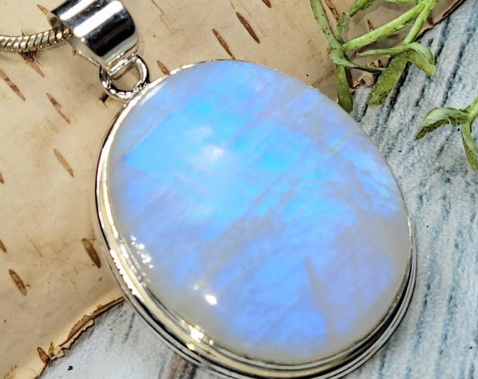 Moonstone Pendant, Rainbow Moonstone Oval Cabochon Sterling Silver Pendant, Multi Color Flash, Gift for Her, Handmade Pendant, JD01