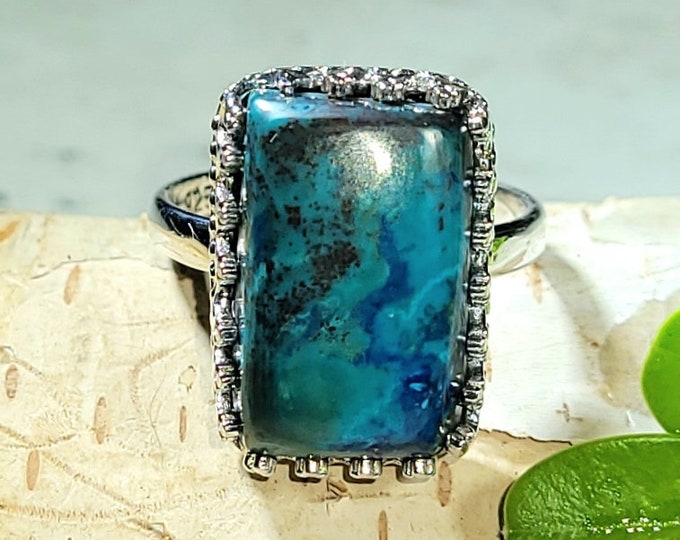Natural Excellent Quality Shattuckite Handmade .925 Crown Prong Sterling Silver Ring Size 6.5 6 Grams Face 11/16" x 1/2" CD09