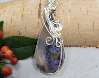 Purple moss agate pendant, purple moss agate wire wrapped pendant, moss agate pendant, Wire wrapped Pendant, Sterling Silver wire wrap