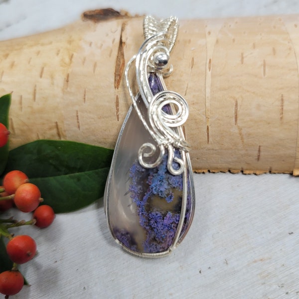 Purple moss agate pendant, purple moss agate wire wrapped pendant, moss agate pendant, Wire wrapped Pendant, Sterling Silver wire wrap