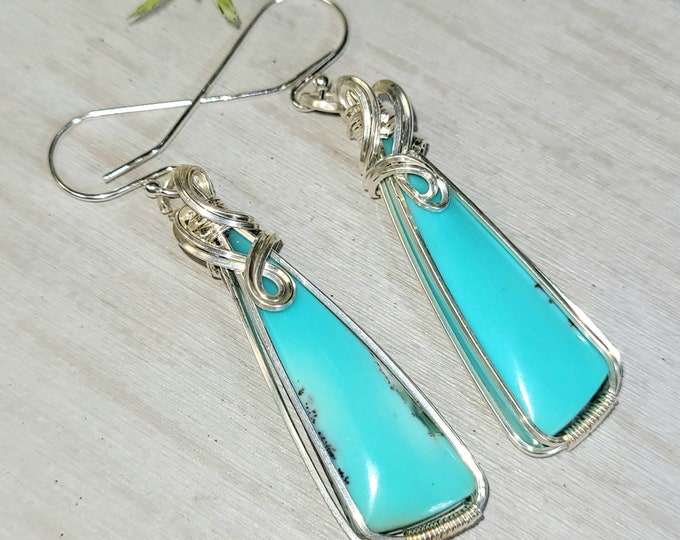 Blue Opalized Earrings, Opalized Sterling Silver Wire Wrapped Earrings, Petrified Wood Earrings, Hand Wrapped Earrings, Gift for Her GE29