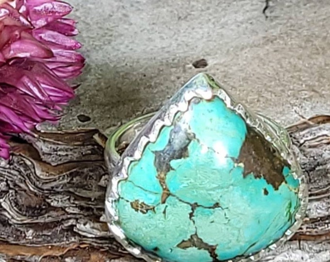 Tibetan Turquoise Sterling Silver Ring, Turquoise Boho Ring, Statement Ring; Handmade Ring, Premium Tibet Turquoise,Quality Ring Size 7.5