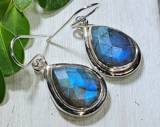Natural AAA Grade Rose Cut Labradorite Handmade .925 Sterling Silver Earrings 7 Grams 1 3/8" x 9/16" AP38