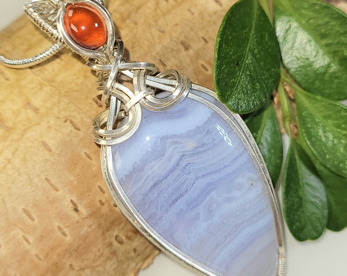 Blue Lace Agate & Carnelian Pendant, Wire Wrapped Blue Lace Agate Sterling Silver Pendant, Sterling Wire Wrapped Pendant, Gift for Her, DG38