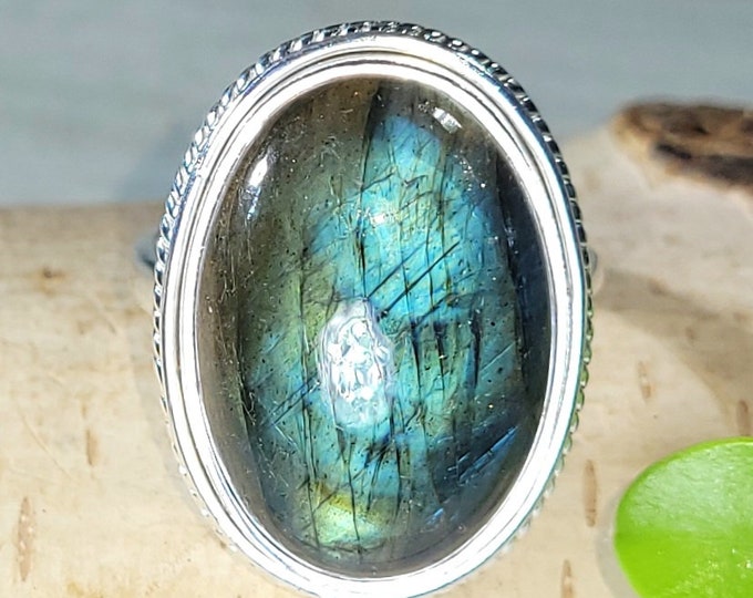 Natural High Grade Multi Flash Oval Labradorite Handmade .925 Sterling Silver Ring Size 9 Full Multi Flash Great Gift for Her