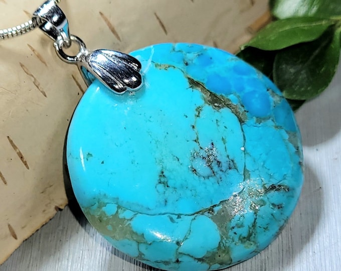 Natural AAA Grade Arizona Kingman Turquoise Round Cabochon 40Ct .925 Sterling Silver Pendant Rhodium Solid Sterling Silver Bail Gift for Her