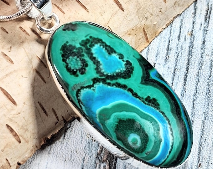 Chrysocolla Malachite Sterling Silver Pendant: Chrysocolla Malachite Handmade Pendant, Statement Jewelry, KC03