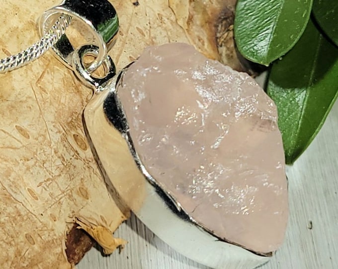 Natural Raw Rose Quartz Rough Cut Handcrafted .925 Sterling Silver Pendant Weighs 6 Grams Measures 1 1/4" X 1/2" CA20