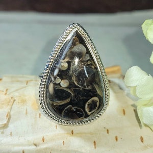Natural Top Quality Turritella Agate Pear Handmade .925 Sterling Silver Ring Size 8 Genuine Turritella Jasper Gift for Her DA