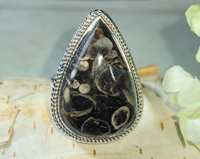 Natural Top Quality Turritella Agate Pear Handmade .925 Sterling Silver Ring Size 8 Genuine Turritella Jasper Gift for Her DA
