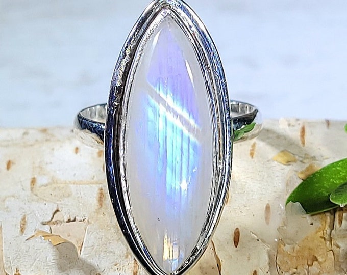 Natural AAA Grade Multi Flash Moonstone Marquise .925 Sterling Silver Ring Size 6.5 5 Grams 1 1/8" x 1/2" EY22