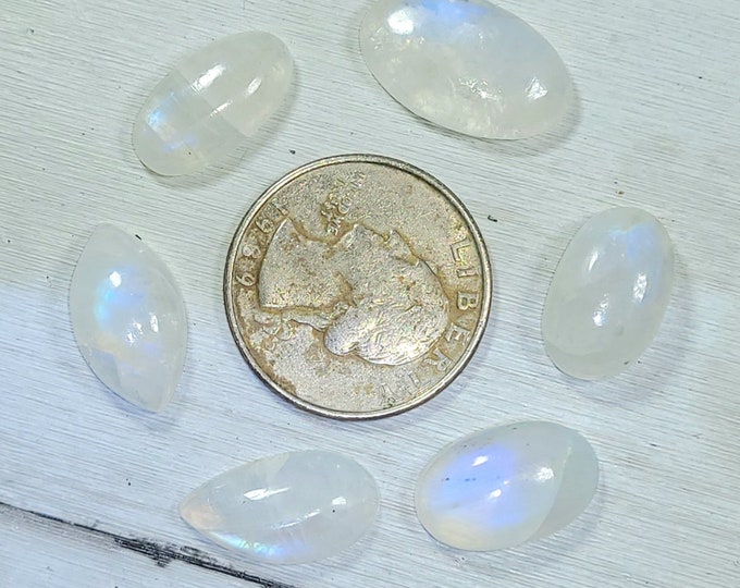 Natural Blue Flash Moonstone Cabochons 50ct 6 Stone Lot Wire Wrapping, Weaving, Rings or Pendant AS29 Mixed Sizes & Shapes