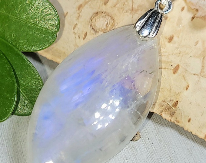 Natural Blue Moonstone Marquise Cabochon .925 Sterling Silver Pendant 1 3/4" x 11/16" EW40 Sterling Silver Rhodium Plated  Bail