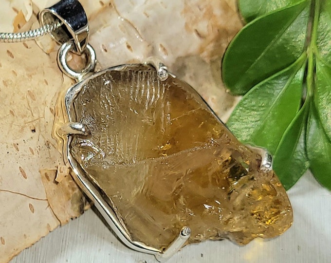 Natural Large Raw Citrine Rough Cut Handcrafted  .925 Sterling Silver Pendant 1 3/4" X 3/4" AN37 12 grams