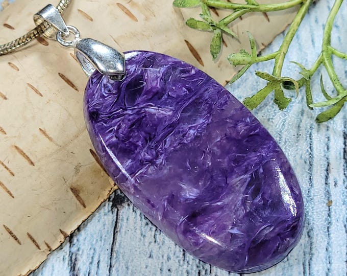Handmade Charoite Sterling Silver Pendant: Oval Cabochon Statement Jewelry