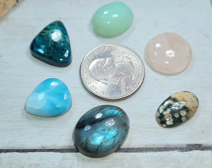Natural Labradorite, Chrysoprase, Ocean Jasper, Chrysocolla, Morganite & Larimar 90ct Cabochons Mixed Lot 6 Stone Wire Wrap, Weaving Gift