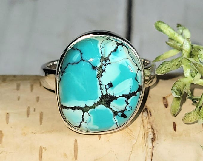 Natural Tibetan Turquoise Sterling Silver Ring, Premium Grade Turquoise Ring Size 7.75, Statement Turquoise Ring, Handmade Ring, HP