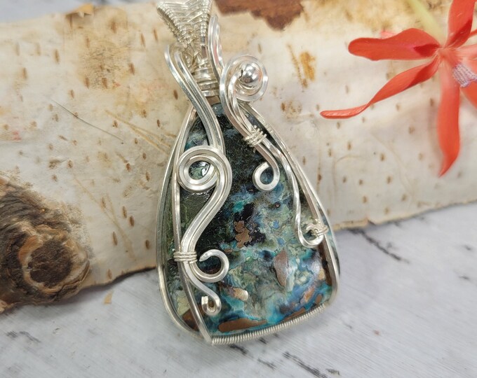 Natural Chalcedony, Copper Chrysocolla Wire Wrapped .925 Silver Pendant, Sterling Silver Wire Wrapped Pendants, Handmade FD16