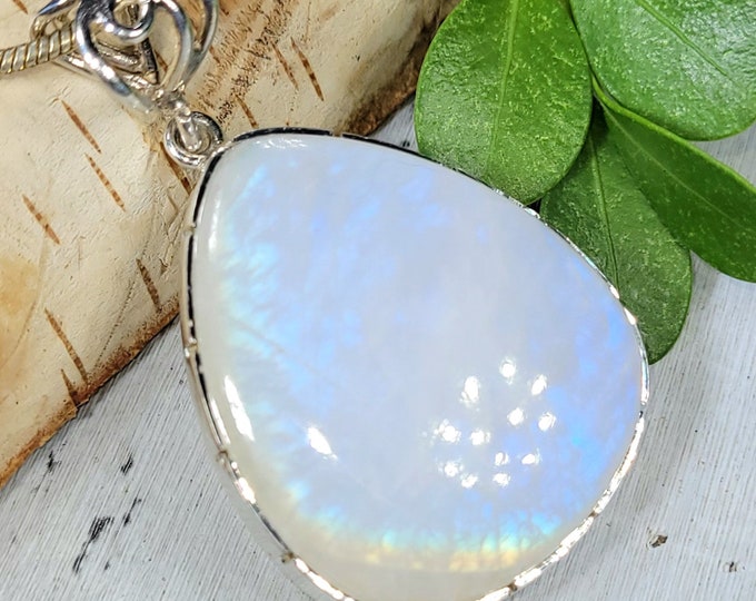 Moonstone Pendant, Rainbow Moonstone Pear Cabochon Sterling Silver Pendant, Multi Color Flash, Gift for Her, Handmade Pendant, BA01