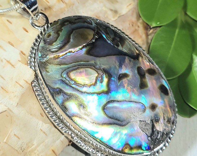 Natural Premium Quality Multi-Color Abalone & .925 Sterling Silver Pendant 2 1/8" x 1 1/4" 18 grams ER10