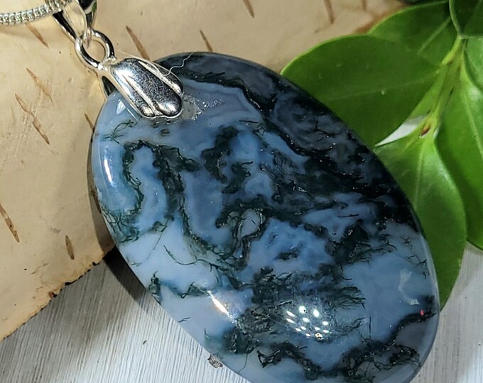 Natural High Quality Green Moss Agate Oval Cabochon .925 Sterling Silver Pendant Rhodium Plated Solid Sterling Silver Bail Gift for Her CK38
