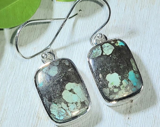 Natural High Quality Tibet Turquoise .925 Sterling Silver Earrings 5 Grams 1 1/4" x 1/2" ER29