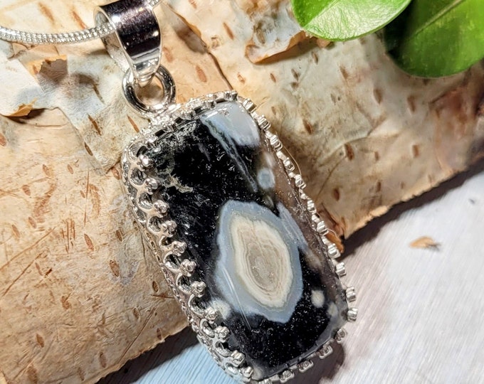 Natural AA Ocean Jasper Handmade .925 Sterling Silver "Crown Designer" Setting Pendant 1 5/8" x 11/16" 7 Grams AC21