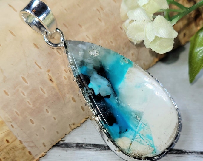 Blue Opal Pendant, Petrified Wood Pendant, .925 Sterling Silver Blue Opalized Petrified Pendant, Sterling Silver Blue Opal Pendant
