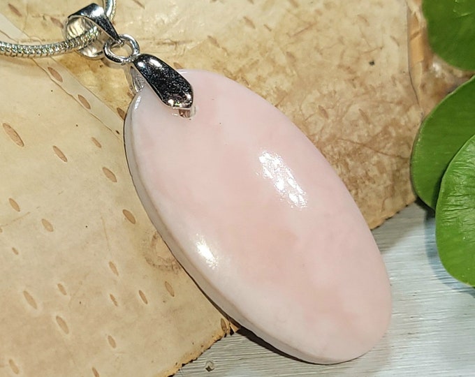 Natural Premium Peru Pink Opal Oval Cabochon Handmade .925 Sterling Silver Pendant 1 5/8" x 11/16" CH38 Sterling Silver Bail Gift for Her