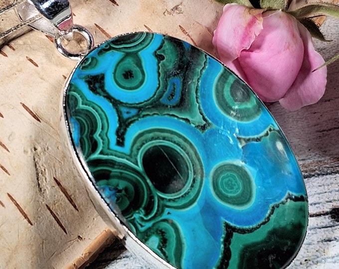 Chrysocolla Malachite Sterling Silver Pendant: Chrysocolla Malachite Handmade Pendant, Statement Jewelry, KE03