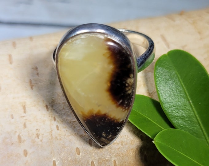 Natural Yellow Septarian Pear Handmade .925 Sterling Silver Ring Size 6.5 Great Gift for Her Genuine Yellow Septarian