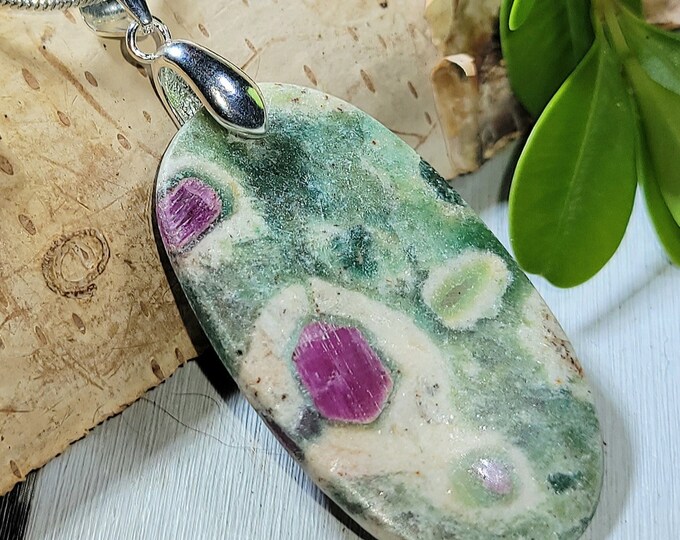 Natural Choice Grade Ruby Fuchsite Oval Cabochon .925 Sterling Silver Pendant 1 7/8" x 13/16" AN51 Sterling Silver Bail