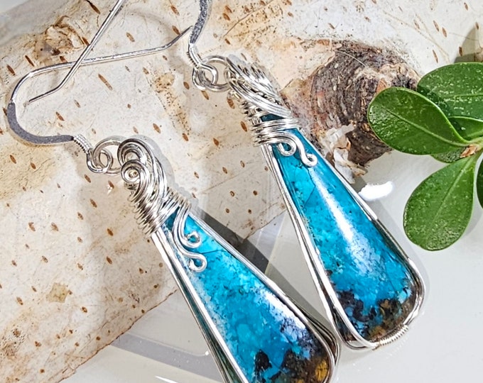 Blue Opal Earrings, Petrified Wood Earrings, Sterling Silver Wire Wrapped Opalized Earrings, Sterling Silver Blue Opal Earrings GD15