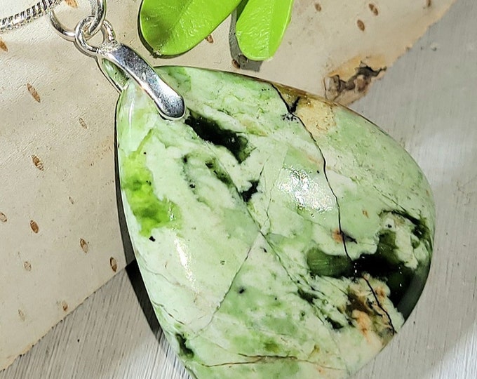 Natural Chrome Chalcedony Pear Cabochon .925 Sterling Silver Pendant 1 5/8" x 1" EH29 Sterling Silver Bail