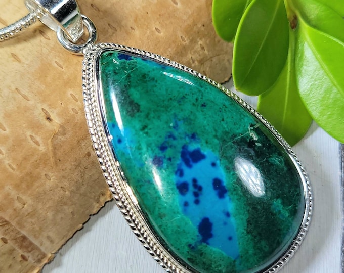 Chrysocolla Azurite Sterling Silver Pendant, Handmade Chrysocolla Azurite Pendant, Statement Pendant, Gift for Her, Handmade Pendant, FF28