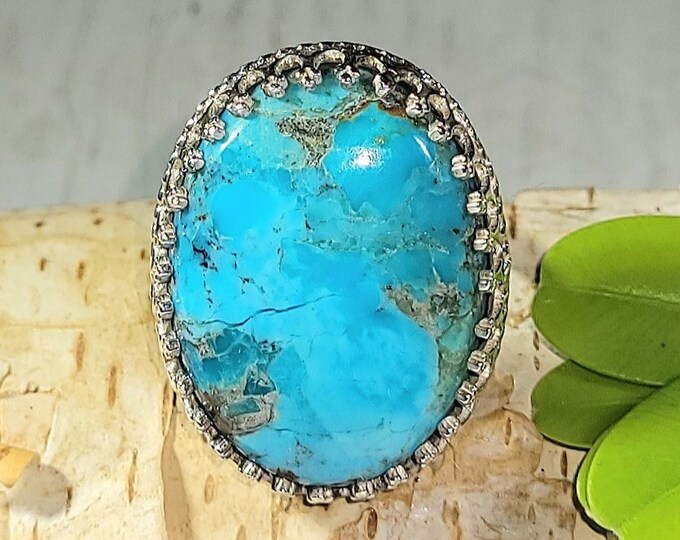 Natural AAA Arizona Kingman Turquoise .925 Sterling Silver Crown Prong Ring Size 6.5 Weighs 8 Grams Face Measures 1" x 13/16" AH19