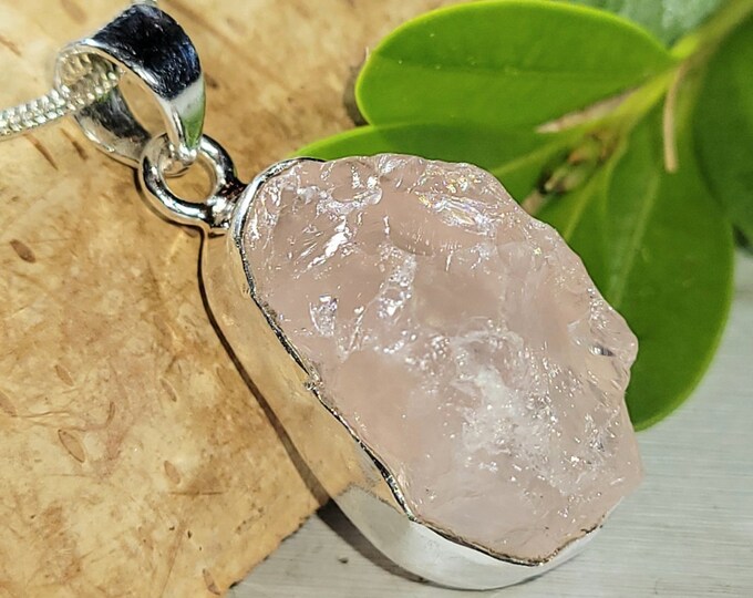Natural Raw Rose Quartz Rough Cut Handcrafted .925 Sterling Silver Pendant Weighs 5 Grams Measures 1 1/4" X 1/2" CD16