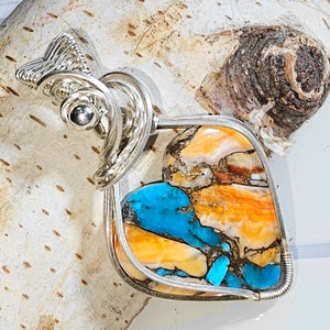 Spiny Oyster Turquoise Pendant, Spiny Oyster Turquoise w/copper, Sterling Silver Pendant, Spiny, Turquoise Sterling Silver Wire Wrapped GD22