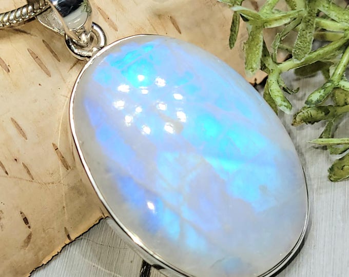 Moonstone Pendant, Rainbow Moonstone Oval Cabochon Sterling Silver Pendant, Multi Color Flash, Gift for Her, Handmade Pendant, HR20