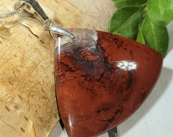 Natural Exquisite Plume Red Moss Agate Cabochon .925 Sterling Silver Pendant 1 5/8" x 1 7/16" AR33 Sterling Silver Bail