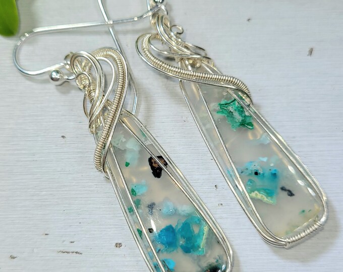 Chalcedony Copper Earring, Chalcedony with Copper Wire Wrapped Earrings, Sterling Silver Wire Wrapped Earring,Chalcedony W/Copper Wire Wrap