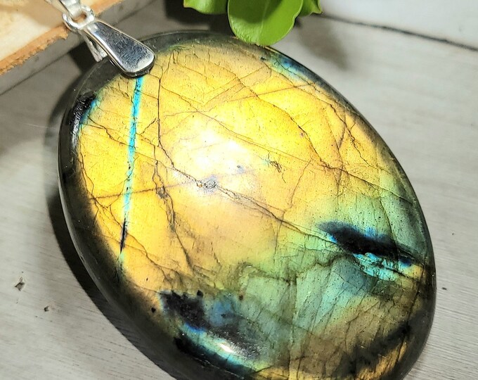 Natural Huge Multi-Flash Labradorite Oval Cabochon .925 Sterling Silver Pendant  2 3/8" x 1 3/8" EM12 24 Grams Heavy Duty Bail