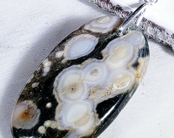Natural AA Ocean Jasper Oval Cabochon .925 Sterling Silver Pendant 2 1/4" x 1" EA06 Heavy Duty Sterling Silver Bail