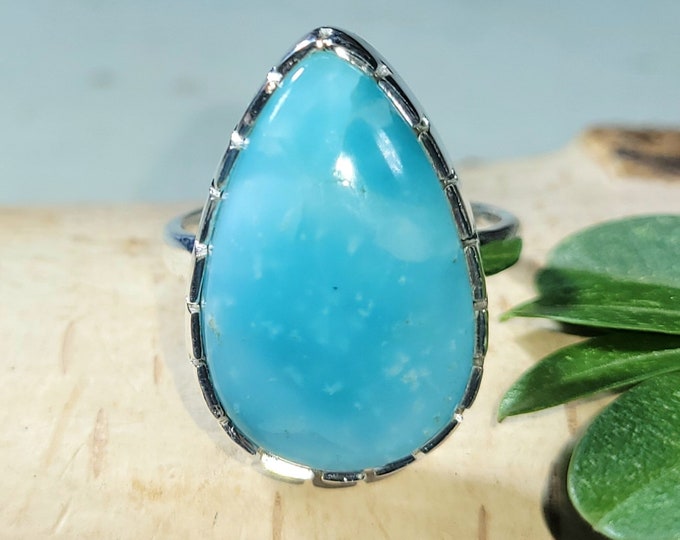 Natural High Grade Hemimorphite Pear Handmade .925 Sterling Silver Ring Size 7.5 Vibrant Blue Best Grade Hemimorphite Gift for Her